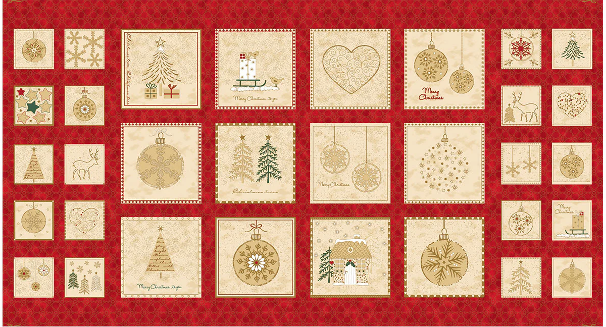 Blank Quilting Stof Frosty Snowflake 4595P 483 Red/Gold Motif Squares 24" PANEL By The PANEL (Not Stricty By The Yard)