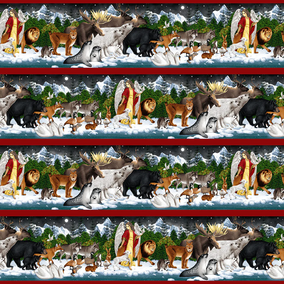 Henry Glass & Co. Peace On Earth 3270 88 Red Animal & Angel Border Stripe By The Yard
