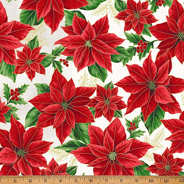 Hoffman Metallic - Blooming Holidays X7787 20G Natural/Gold Large Poinsettia By The Yard