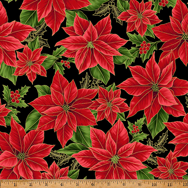 Hoffman Metallic - Blooming Holidays X7787 4G Black/Gold Large Poinsettia By The Yard