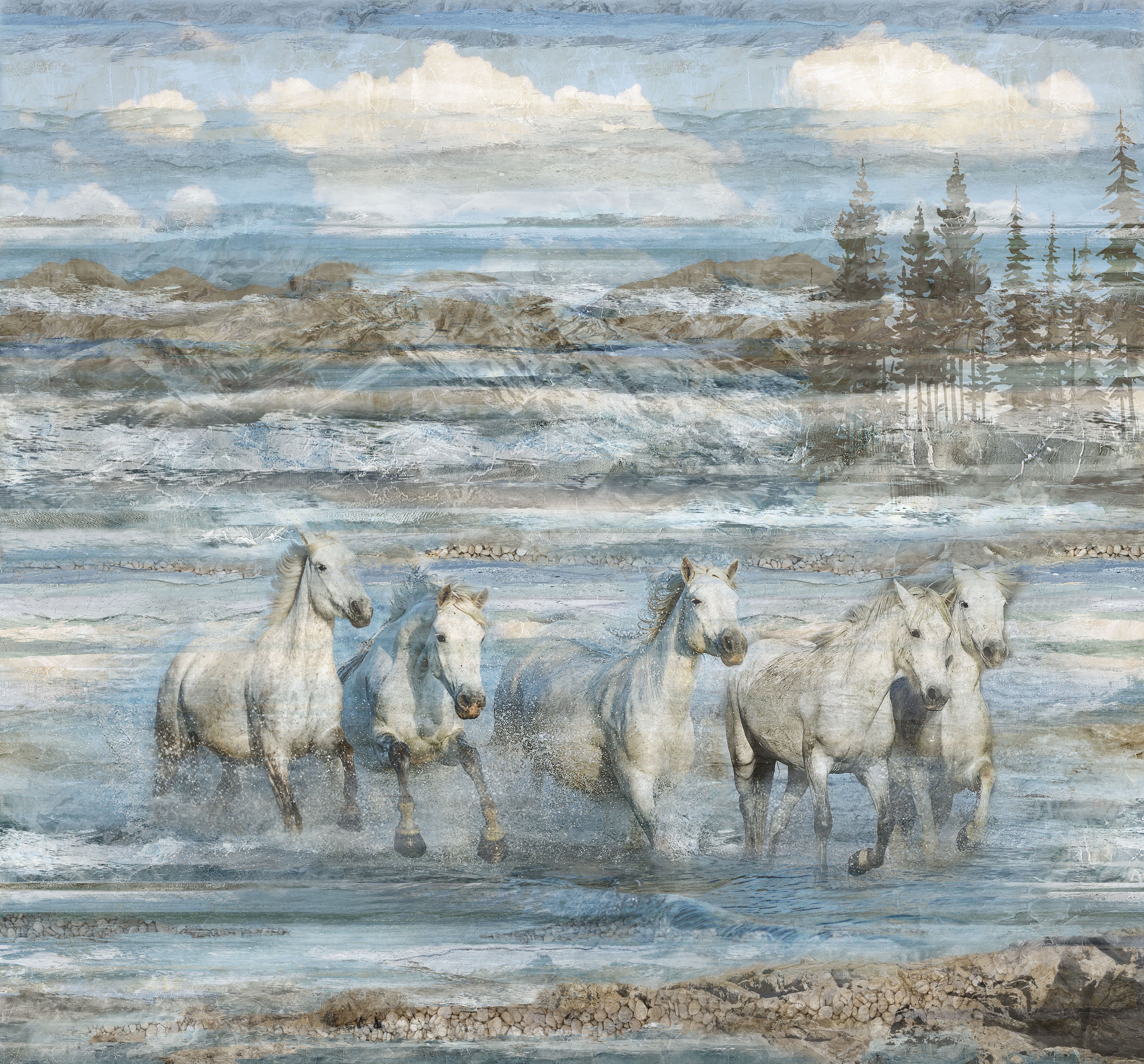 Northcott Digital - Running Free DP28586 42 Blue Multi Horse 40" PANEL By The PANEL (Not Strictly By The Yard)