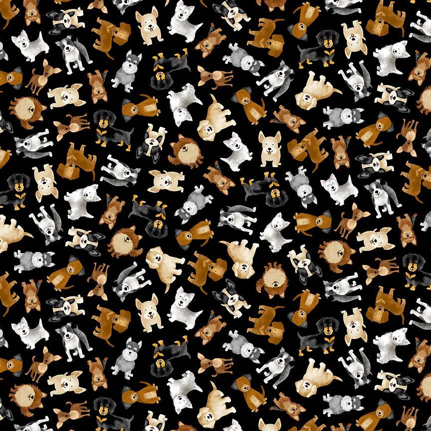 Timeless Treasures - Happiness Has Paws CD3318 Black Tossed Small Dogs By The Yard
